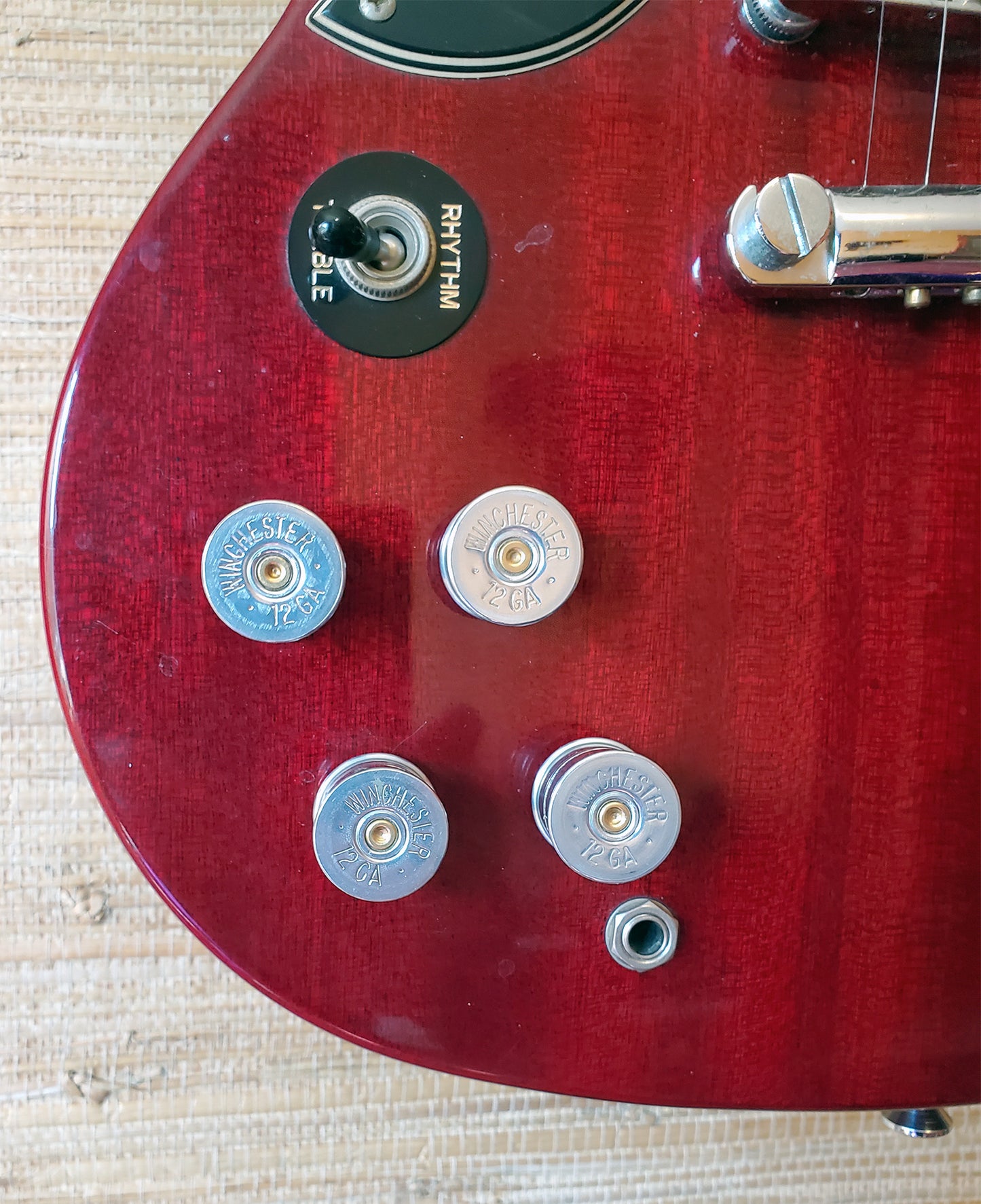 12 Gauge Shotgun Shell Split Shaft Guitar Knobs, made of Recycled 12 Gauge Case Heads