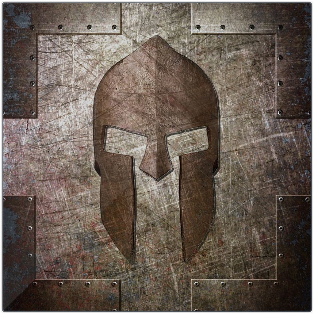 Spartan Helmet on Distressed Metal Printed on Eco-Friendly Recycled Aluminum