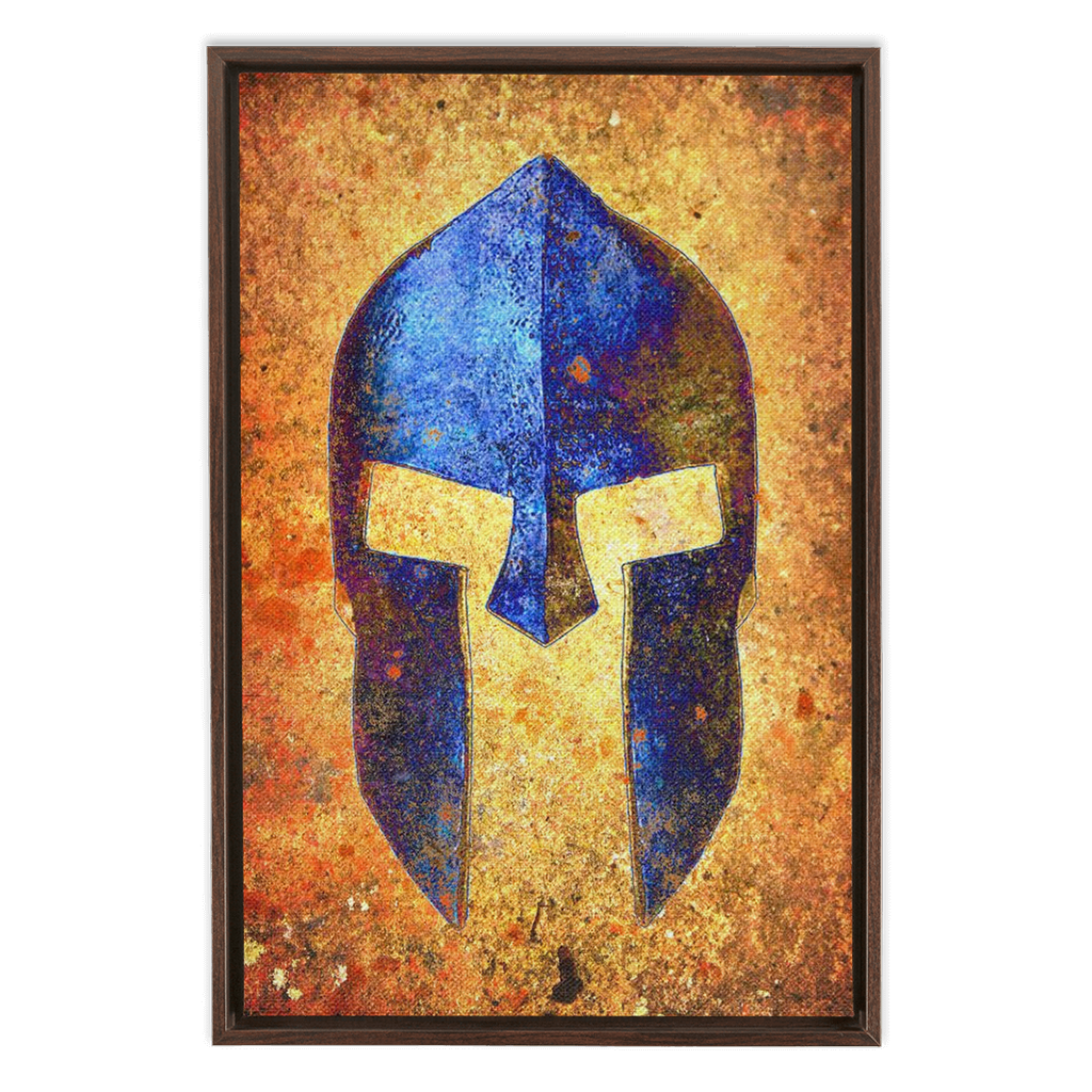 Blue Spartan Helmet on Distressed Rusted Background Print on Canvas in a Floating Frame