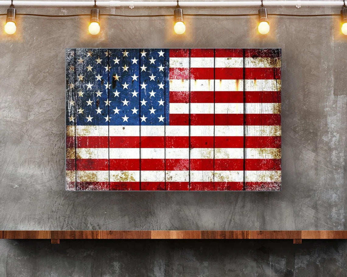 Patriotic Wall Art - Distressed American Flag on Barn Wood Print on Eco-Friendly Recycled Aluminum