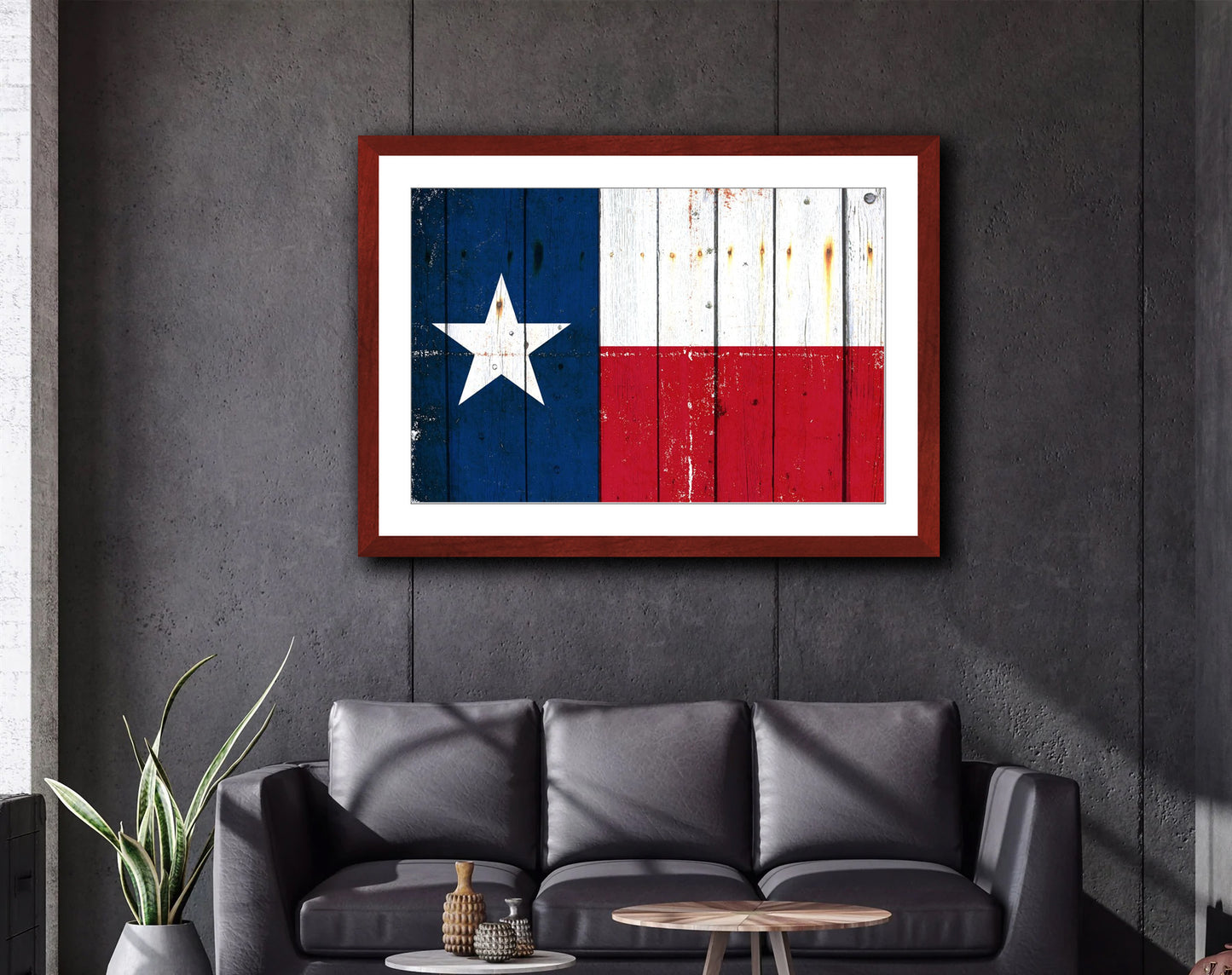 Texas Themed Wall Art -Distressed Texas Flag on Old Barn Wood Print Framed in a Cherry Color Wood Frame