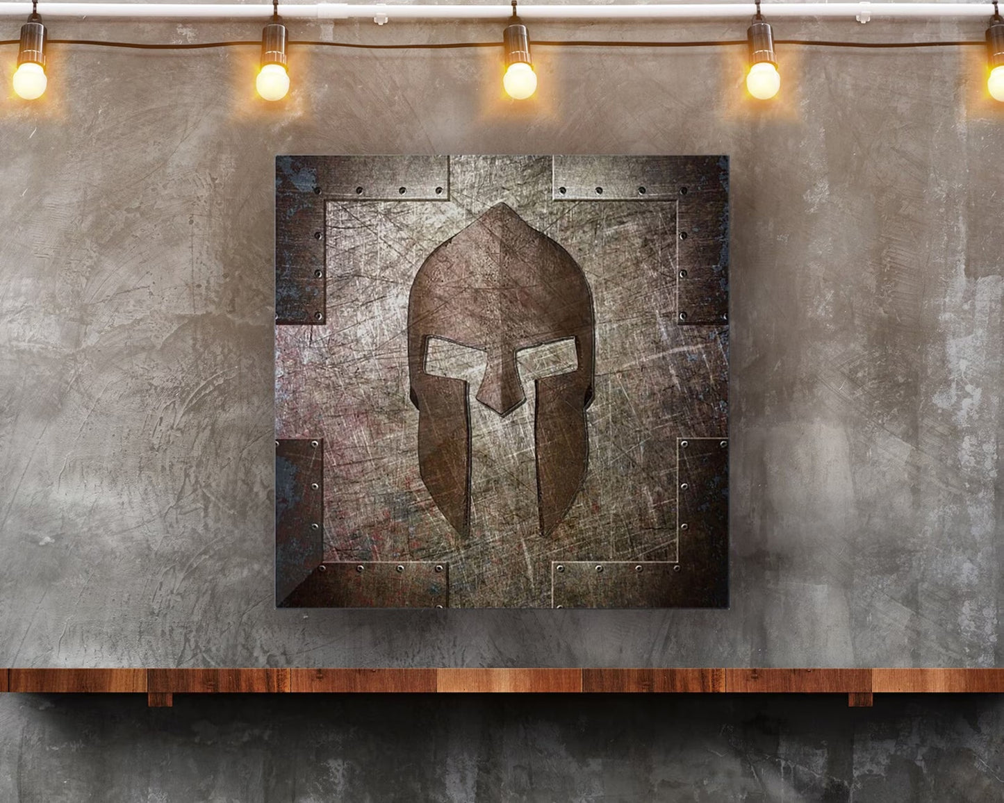 Spartan Helmet on Distressed Metal Printed on Eco-Friendly Recycled Aluminum