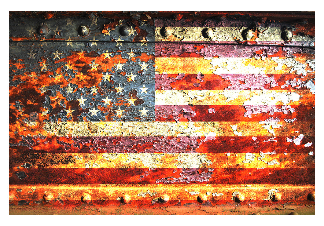 American Flag on Rusted Riveted Metal Door Print