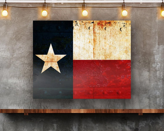 Texas Themed Metal Wall all Art Texas Flag on Rusted Riveted Plate Printed on Rectangular Ecofriendly Recycled Aluminum