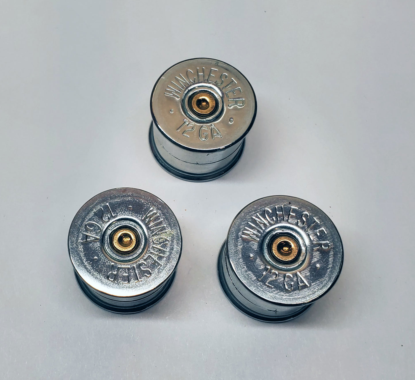 12 Gauge Shotgun Shell Split Shaft Guitar Knobs, made of Recycled 12 Gauge Case Heads