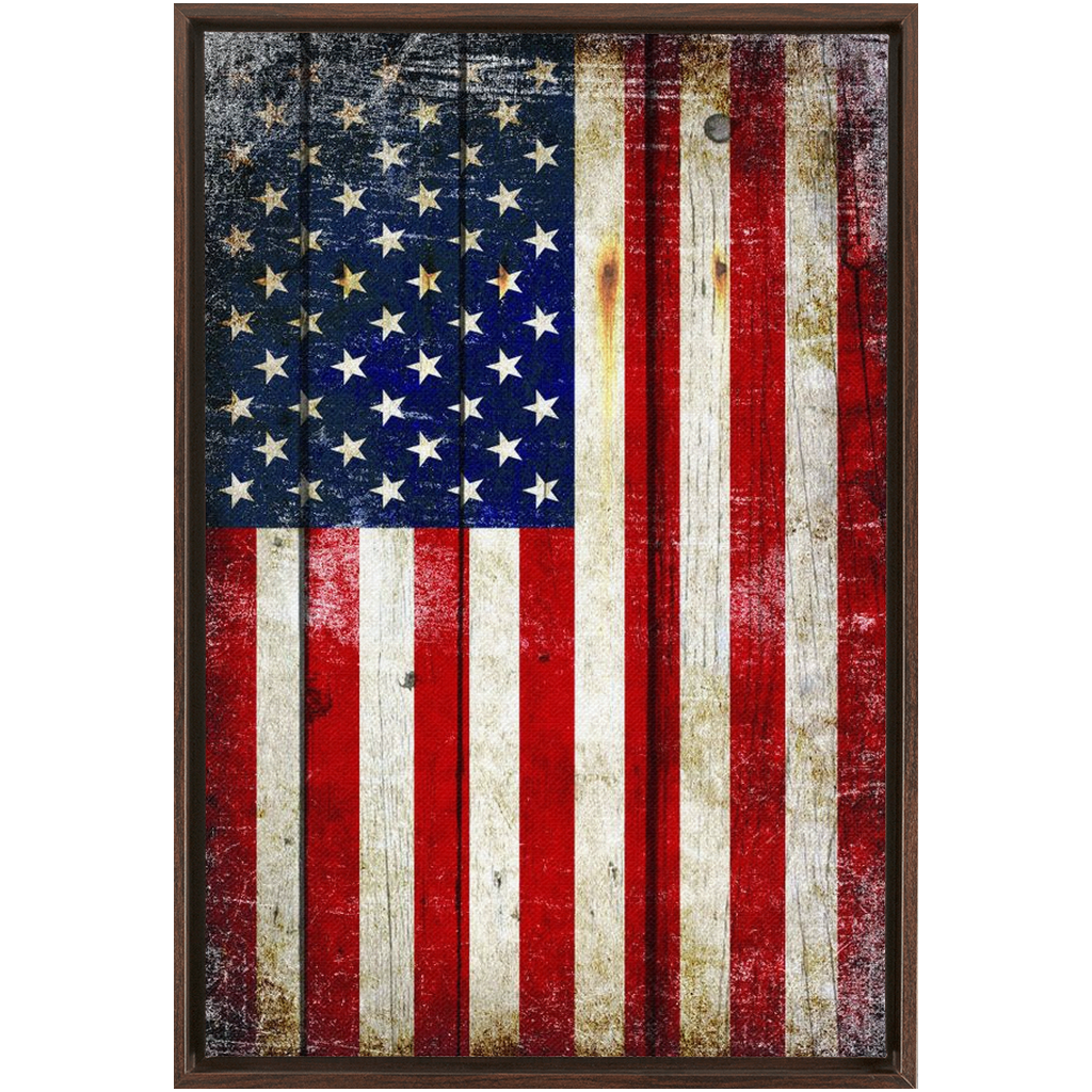 Patriotic Wall Decor - Distressed American Flag on Old Barn Wood Vertical Print on Canvas in a Floating Frame