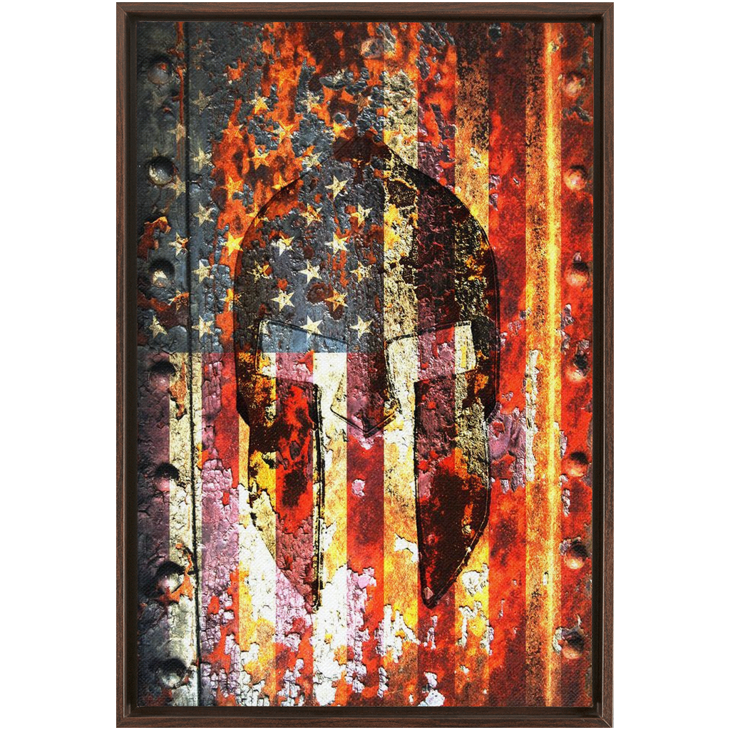 Spartan Helmet and American Flag on Rusted Metal Gate Print on Canvas in a Floating Frame