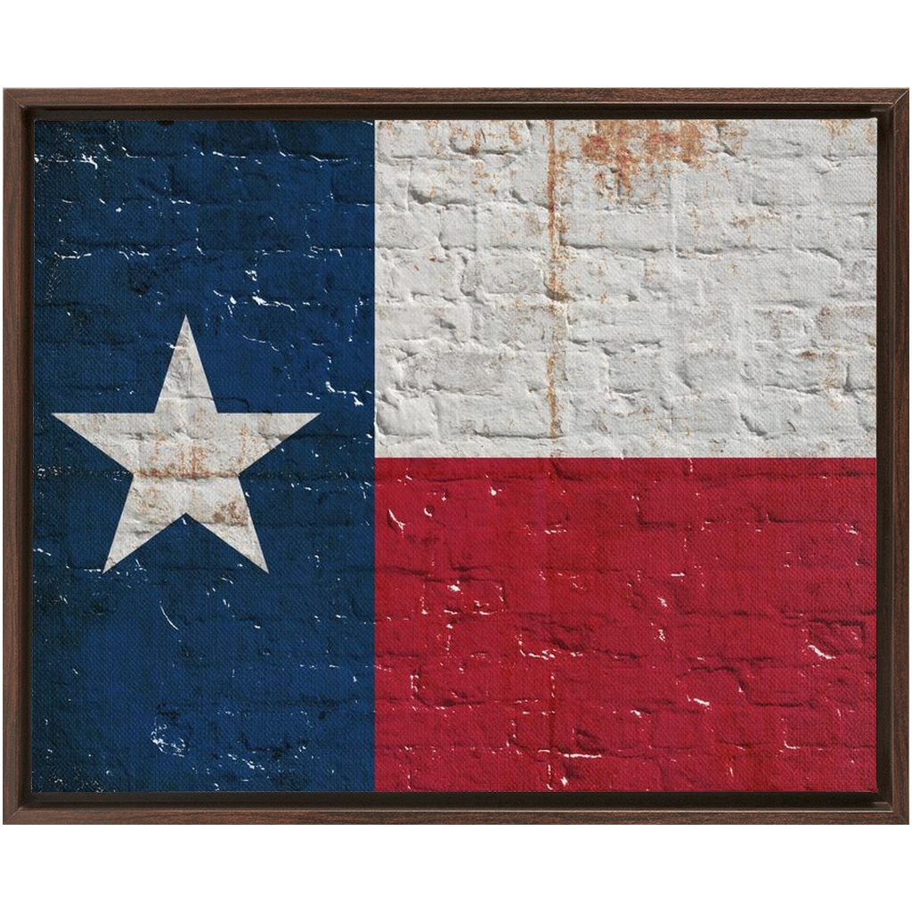 Texas Themed Wall Art - Distressed Texas Flag on Brick Wall Print on Canvas in a Floating Frame