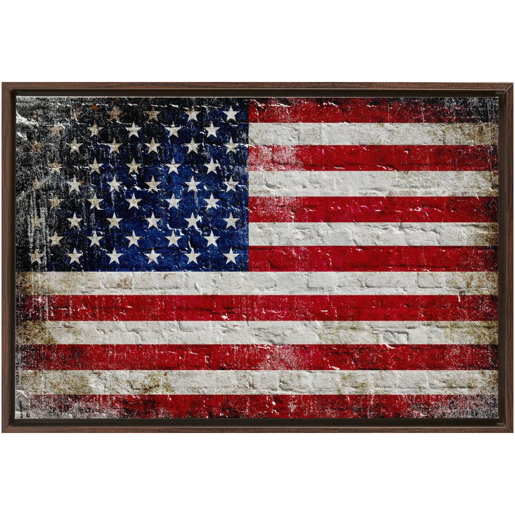 Patriotic and Flag Themed Wall Art - Distressed American Flag on Brick Wall Print on Canvas in a Floating Frame