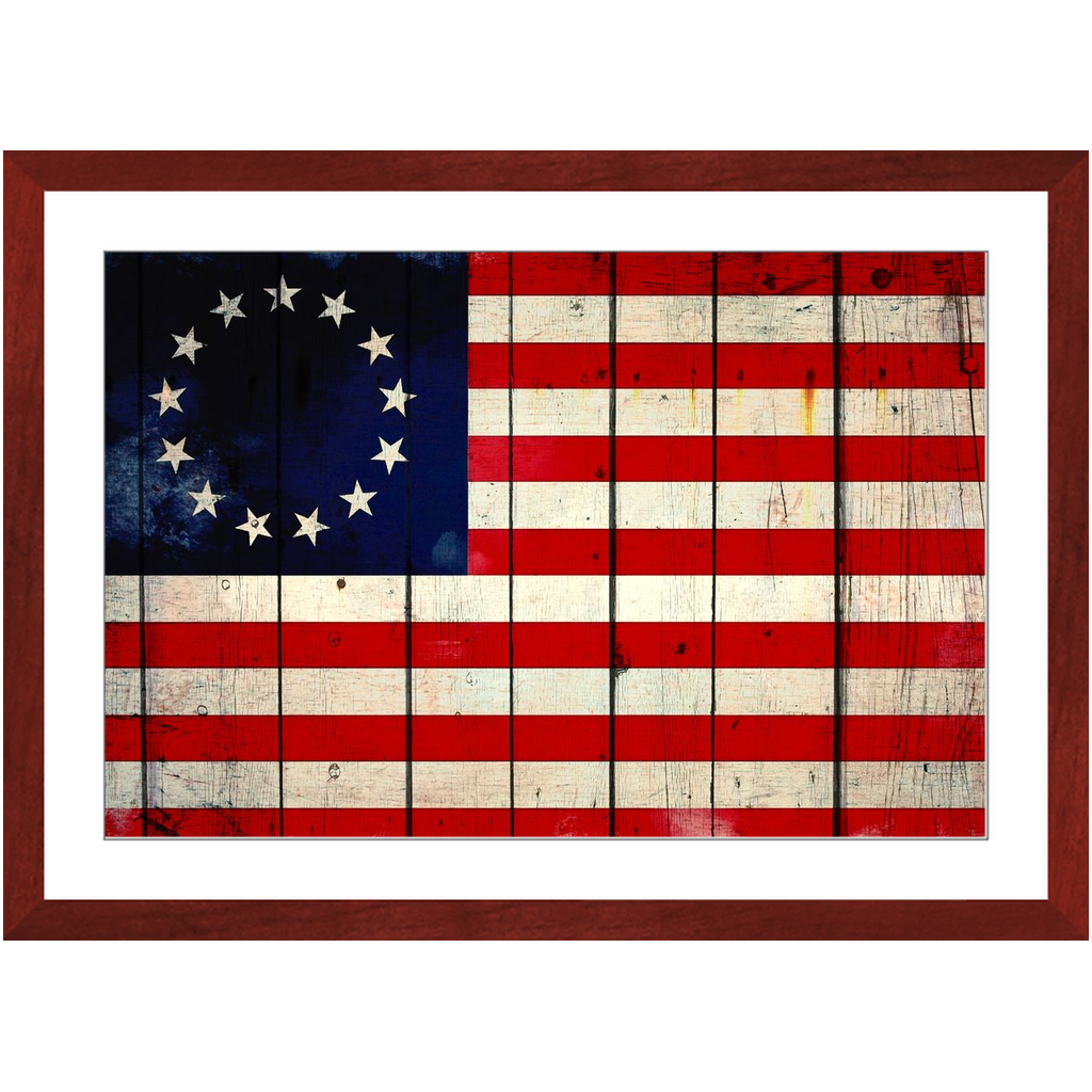 Patriotic Framed Wall Art Print - Distressed Betsy Ross Flag on Barn Wood Print Framed in a Cherry Color Wood Frame