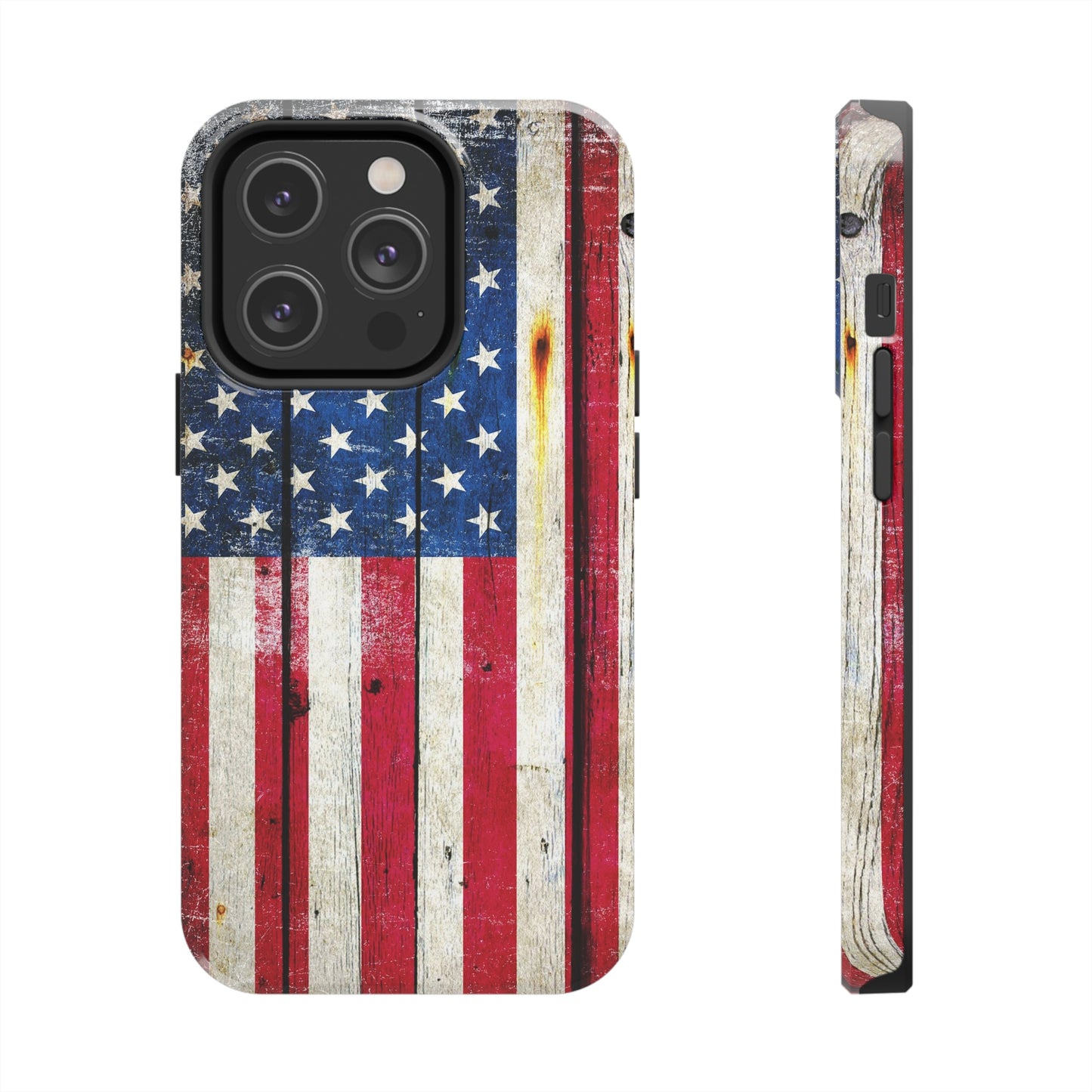 American Flag Themed Print iPhone 14 Tough Case - Distressed Vertical American Flag on Old Barn Wood Print.
