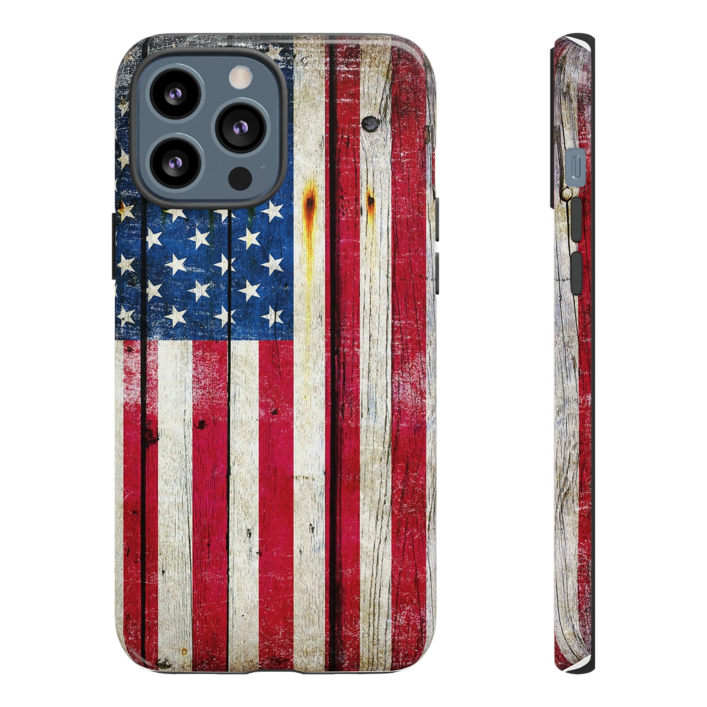 American Flag Themed Print iPhone 13 Tough Case - Distressed Vertical American Flag on Old Barn Wood Print.