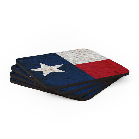 Texas Themed Barware and Drinkware - Texas Flag on Brick Print Corkwood Coasters - Set of 4