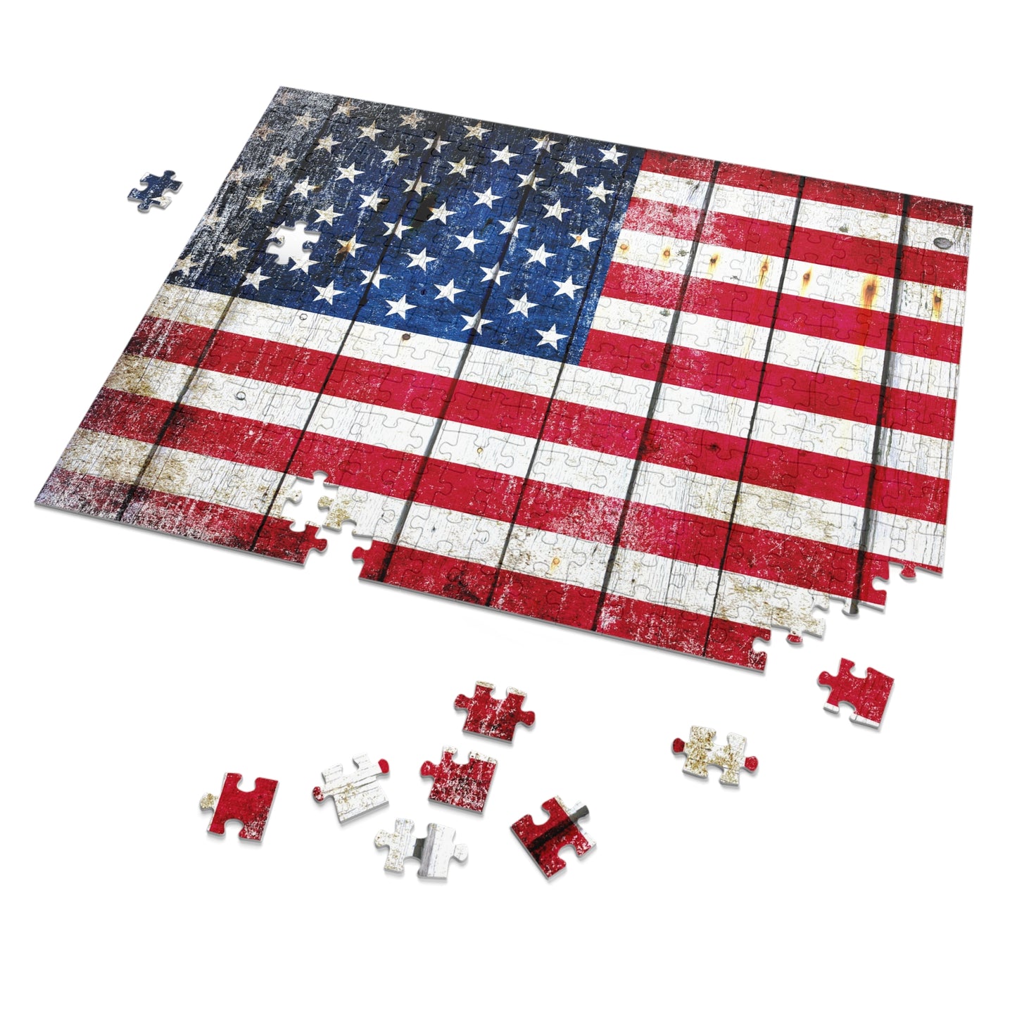 Jigsaw Puzzles and Games - Distressed American Flag on old barn Wood Print 252 Piece Puzzle - Made in America
