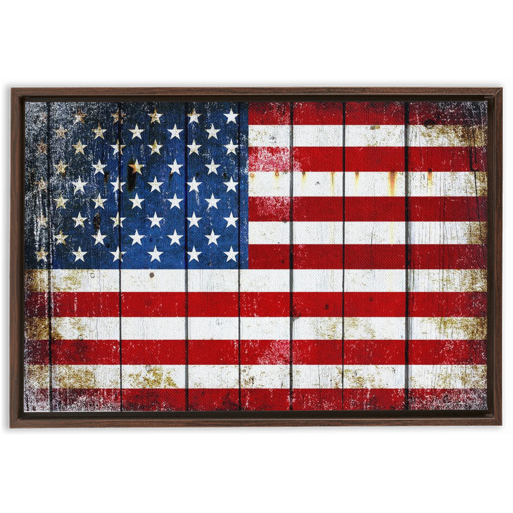 Patriotic Wall Print - Distressed American Flag on Old Barn Wood Print on Canvas in a Floating Frame