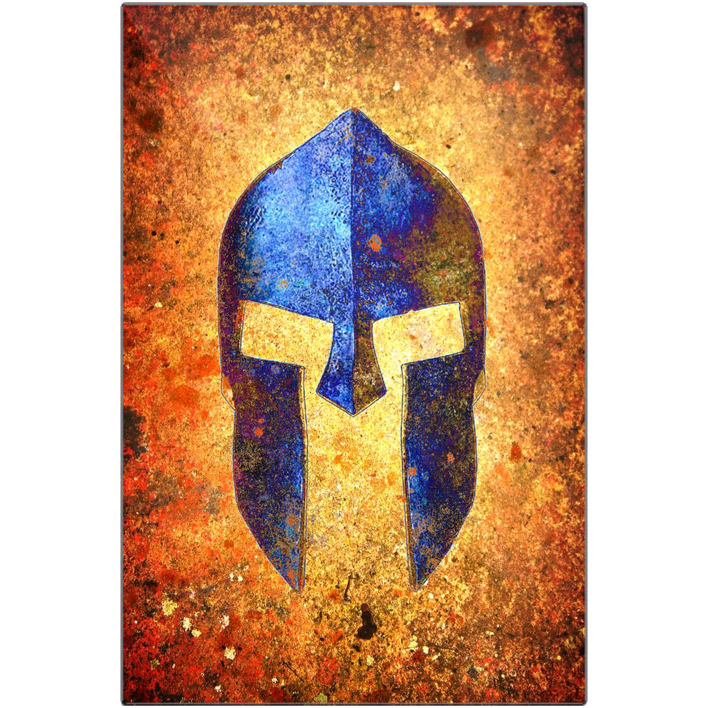 Warrior Themed Decor - Blue Spartan Helmet on Rusted Background Print on Eco Friendly Recycled Aluminum