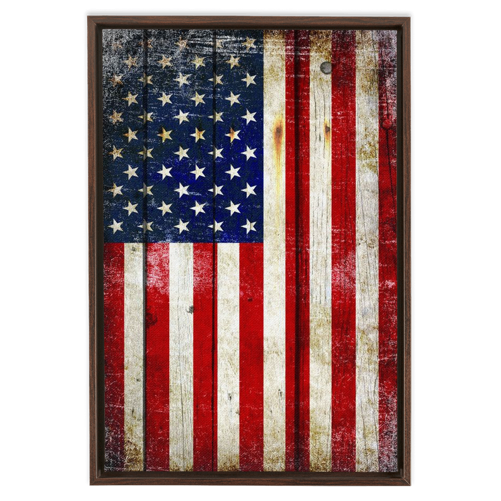 Patriotic Wall Decor - Distressed American Flag on Old Barn Wood Vertical Print on Canvas in a Floating Frame