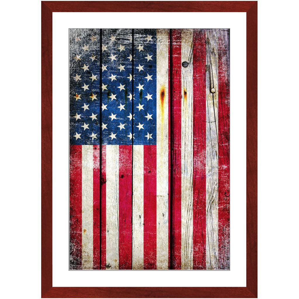 Patriotic Framed Wall Art, American Flag on Old Barn Wood Vertical Print on Archival Paper Framed In a Cherry Color Wood Frame