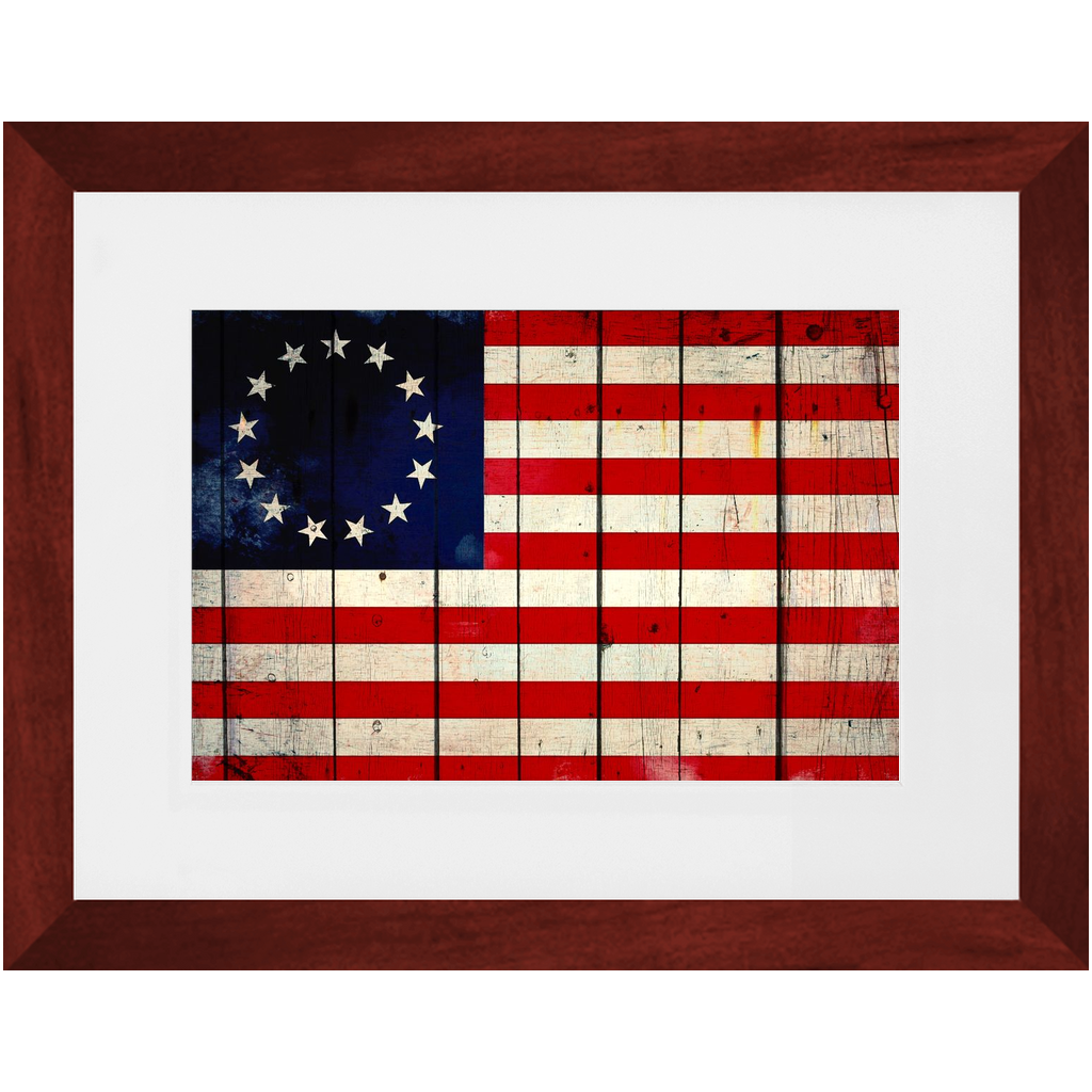 Patriotic Framed Wall Art Print - Distressed Betsy Ross Flag on Barn Wood Print Framed in a Cherry Color Wood Frame
