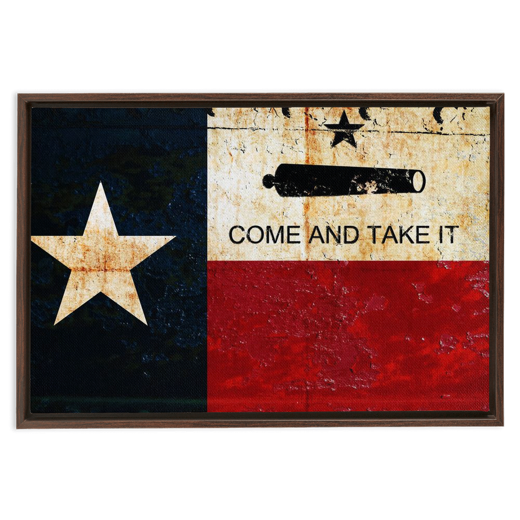 Texas Flag and Gonzales Flag Combo on Riveted Metal Plate Print on Canvas in a Floating Frame 16x24