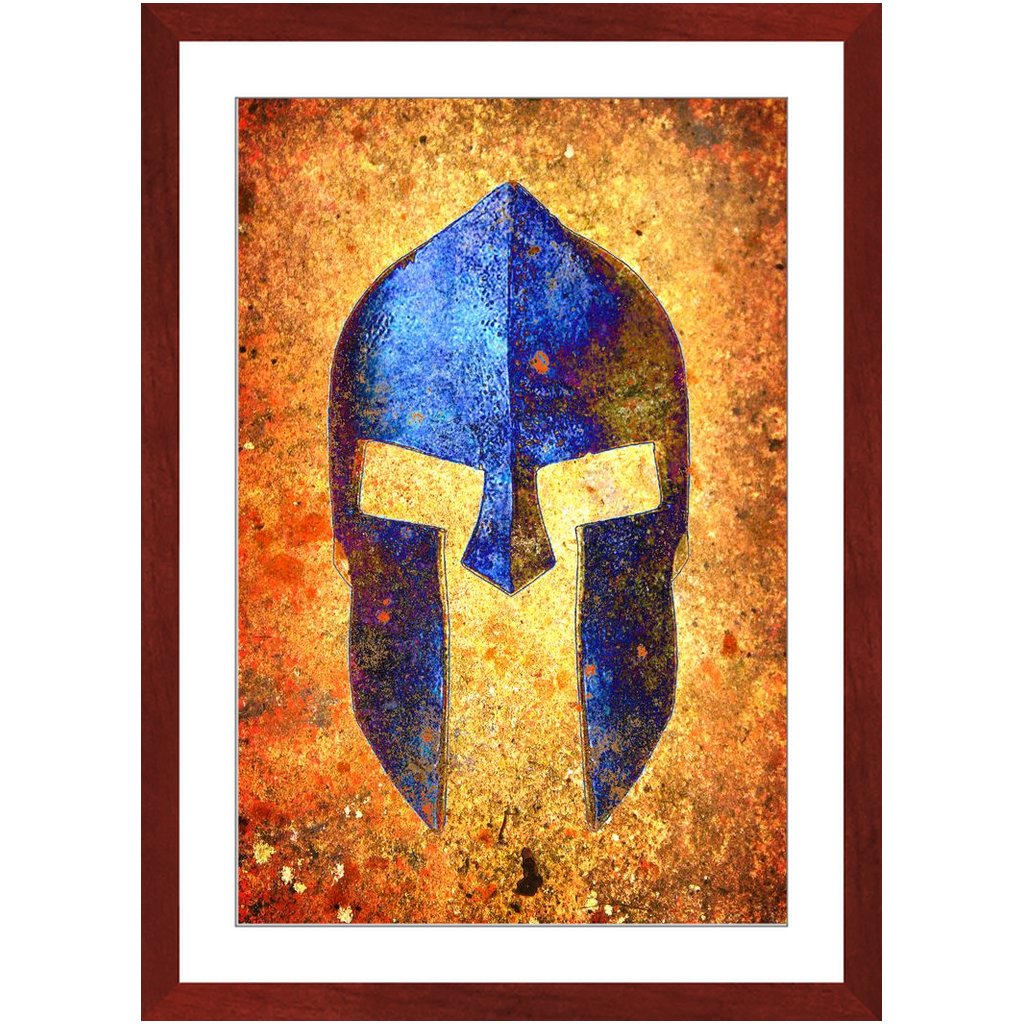 Spartan Themed Framed Wall Art - Blue Spartan Helmet on Rusted Background Print Framed in a Cherry Color Wood Frame