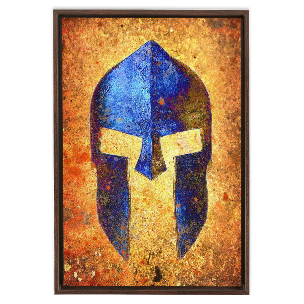 Blue Spartan Helmet on Distressed Rusted Background Print on Canvas in a Floating Frame