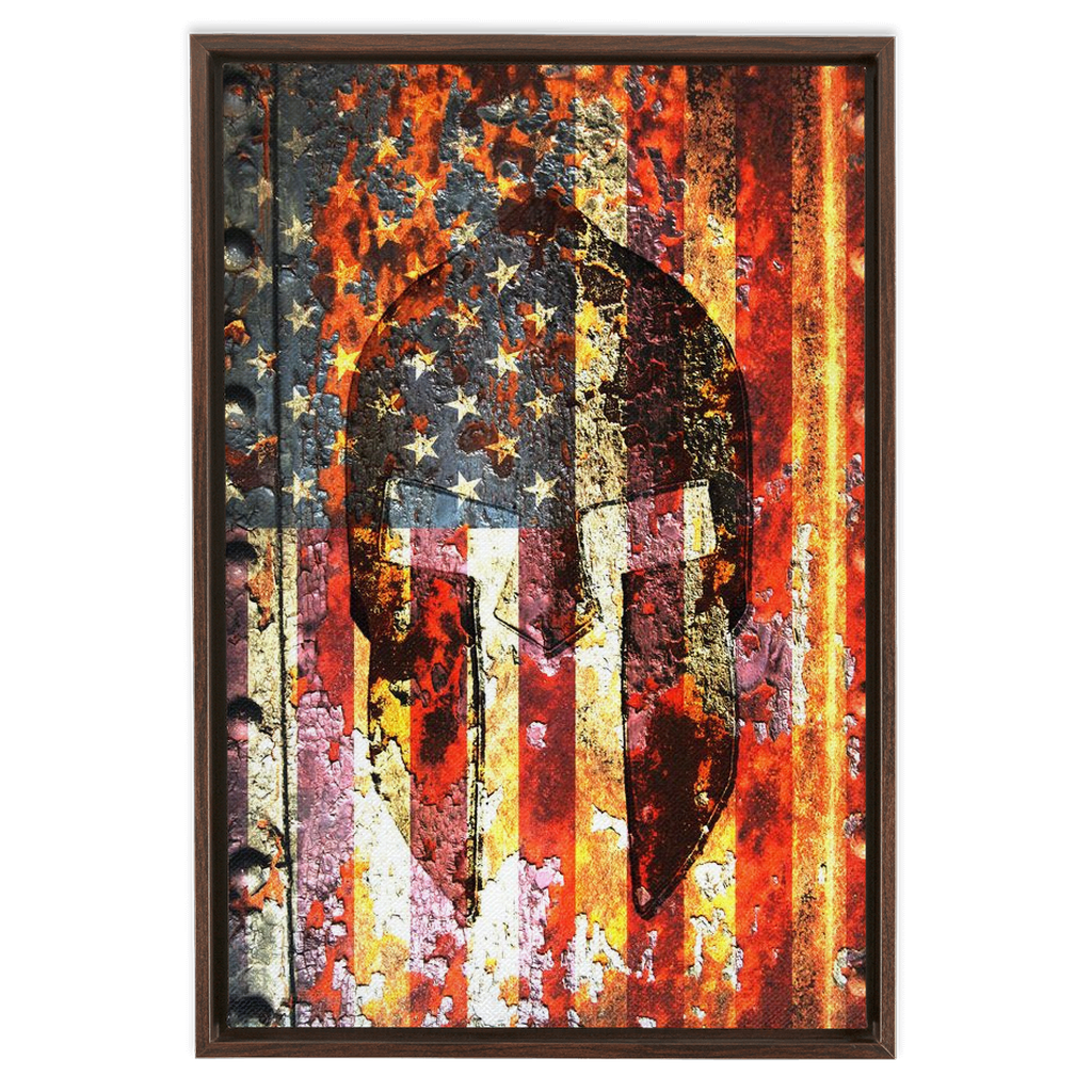 Spartan Helmet and American Flag on Rusted Metal Gate Print on Canvas in a Floating Frame
