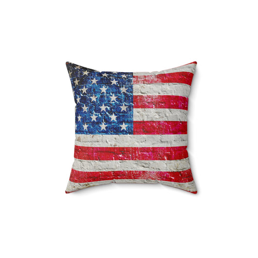 American Flag Themed Home Decor - American Flag on Brick Wall Print Spun Polyester Square Pillow - 4 sizes available.