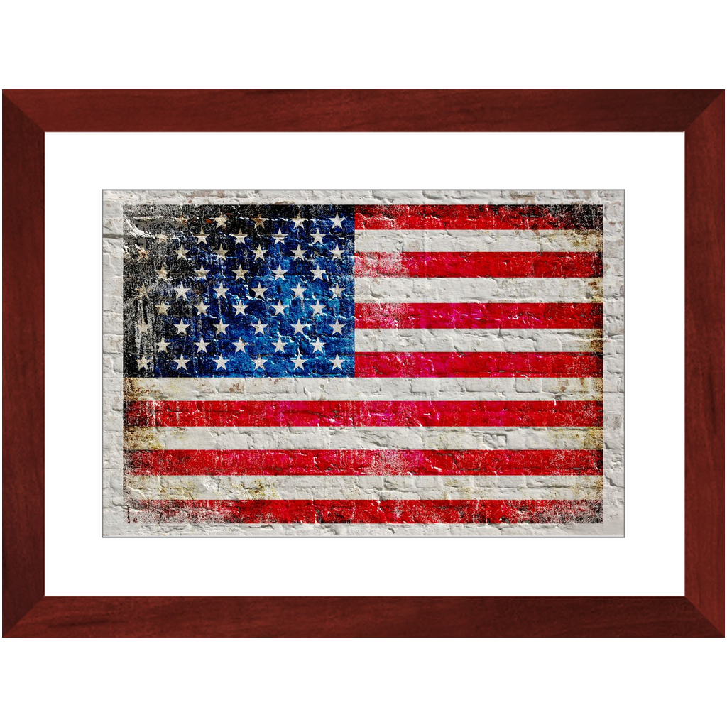 Patriotic Framed Wall Art, American Flag on Whitewashed Brick Wall Print Framed in a Cherry Color Wood Frame