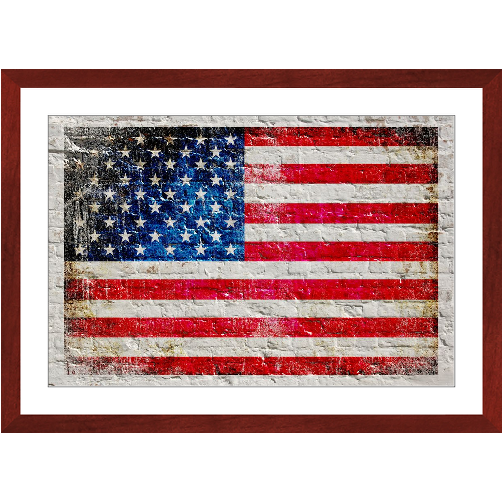 Patriotic Framed Wall Art, American Flag on Whitewashed Brick Wall Print Framed in a Cherry Color Wood Frame