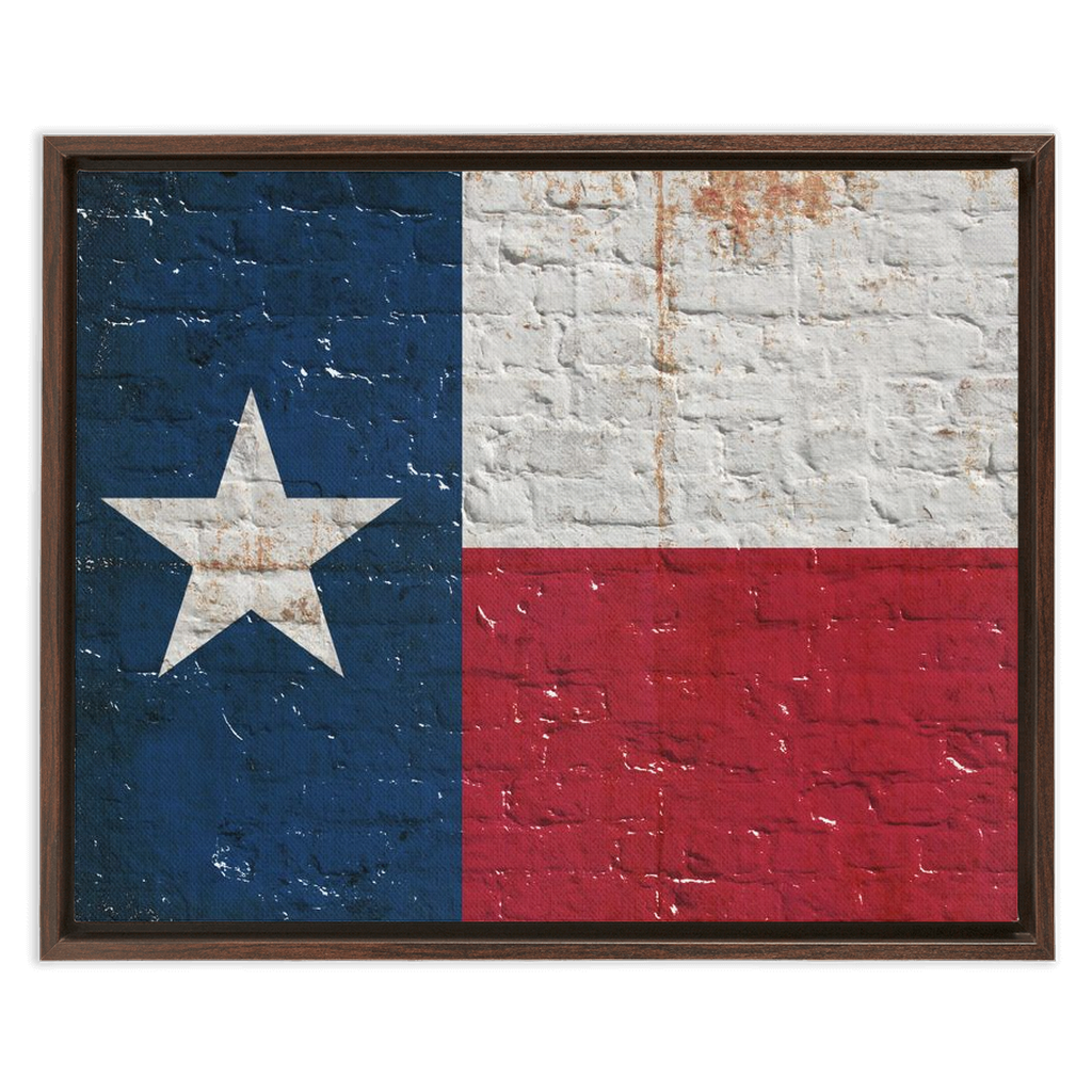 Texas Themed Wall Art - Distressed Texas Flag on Brick Wall Print on Canvas in a Floating Frame