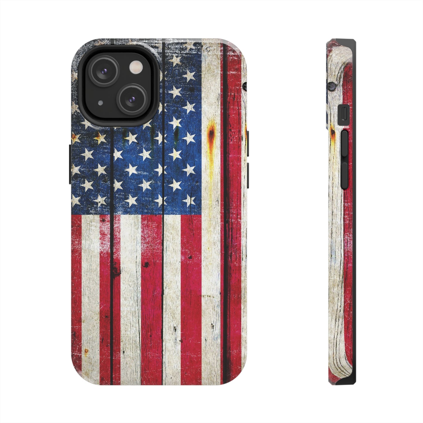American Flag Themed Print iPhone 14 Tough Case - Distressed Vertical American Flag on Old Barn Wood Print.