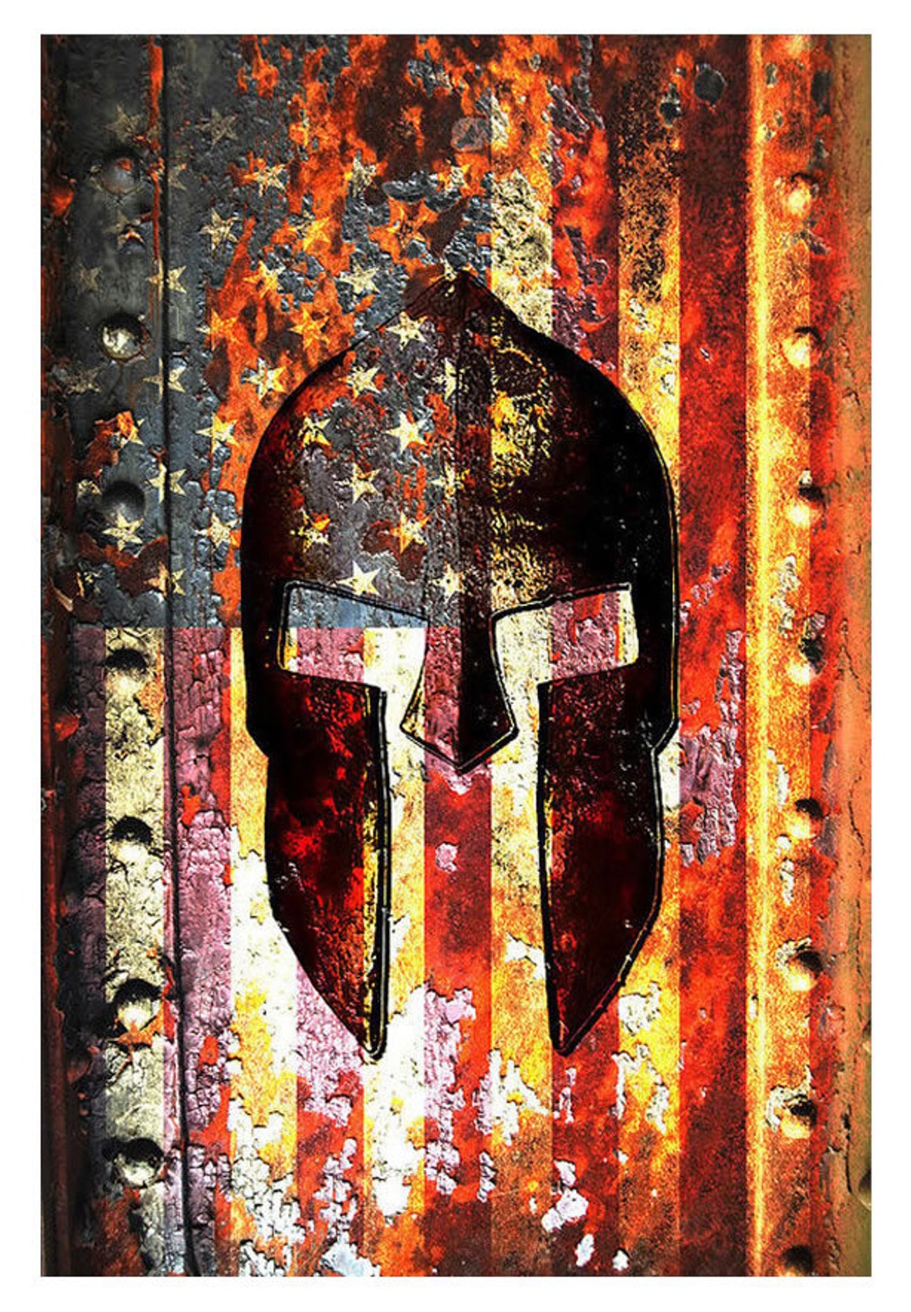 Spartan Themed Wall Art Print - American Flag & Spartan Helmet on Rusted Metal Door Print on Archival Paper