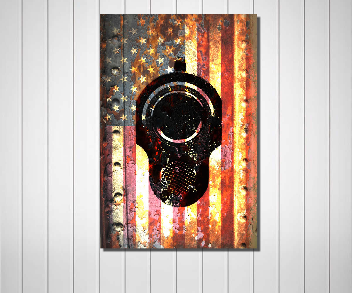 M1911 Colt Pistol 45 caliber Muzzle on Rusted American Flag Print on Stretched Canvas hung on wood wall
