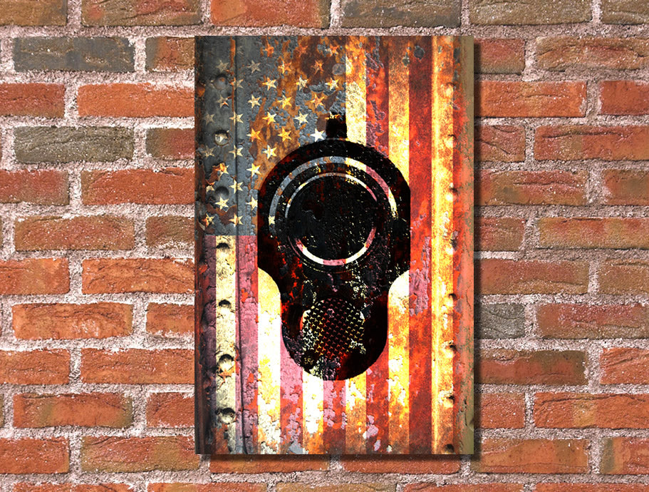 M1911 Colt Pistol 45 caliber Muzzle on Rusted American Flag Print on Stretched Canvas hung on brick wall
