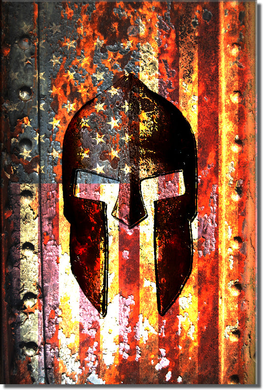 American Flag and Spartan Helmet On Rusted Metal Door Print on Stretched Canvas