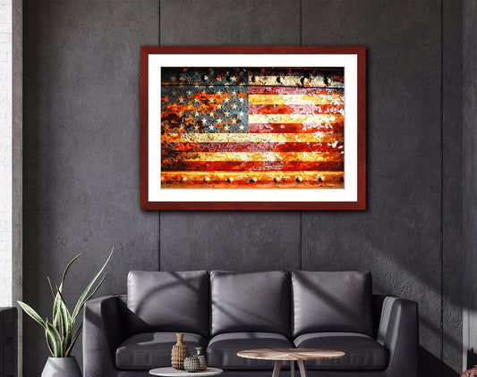 Patriotic Themed Artwork - American Flag On Rusted Riveted Panel Print On Archival Paper Framed In A Cherry Color Wood Frame