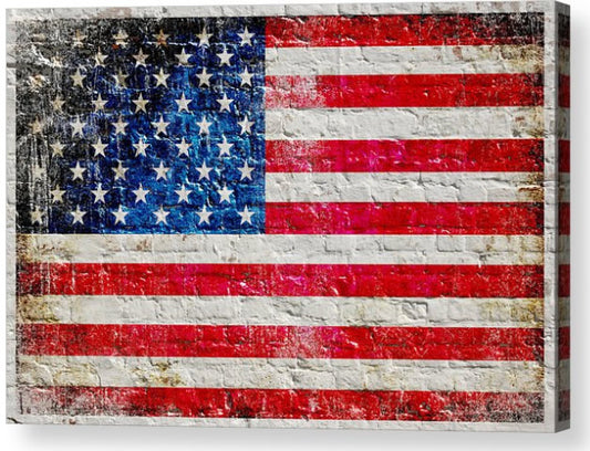 American Flag on White Washed Brick Print on 24 by 16 inches Stretched Canvas