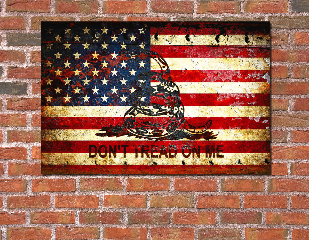 American Flag and Gadsden Flag Composition on Rust Print on 24 by 16 inches Stretched Canvas hung on brick wall