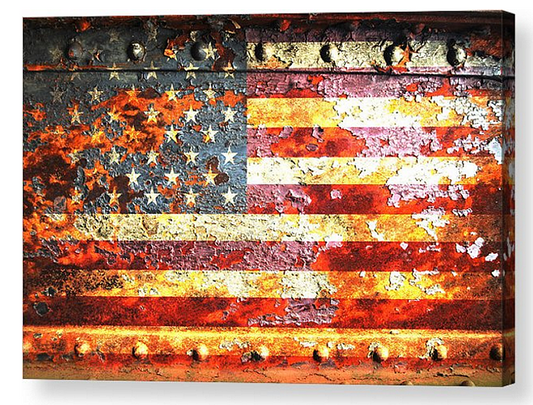 American Flag on Rust Print on 24 by 16 inches Stretched Canvas