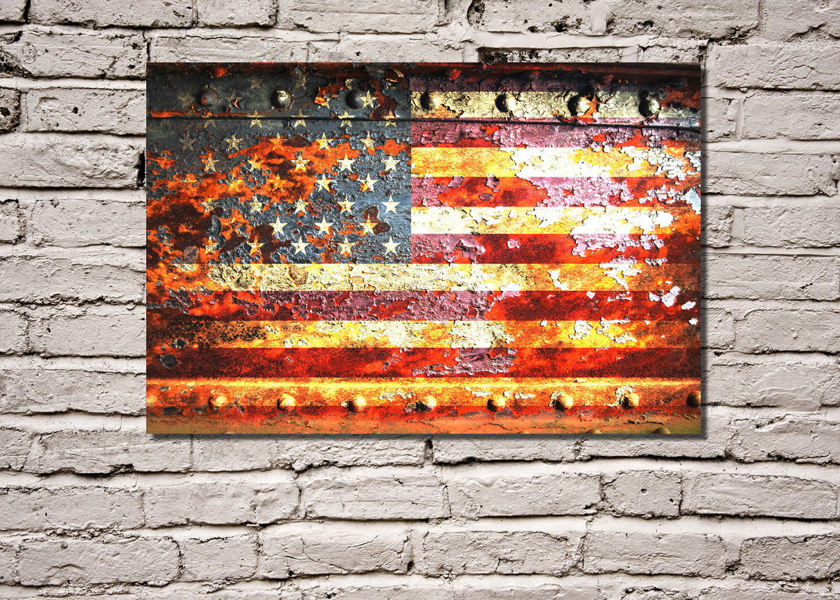 American Flag on Rust Print on 24 by 16 inches Stretched Canvas hung on wall