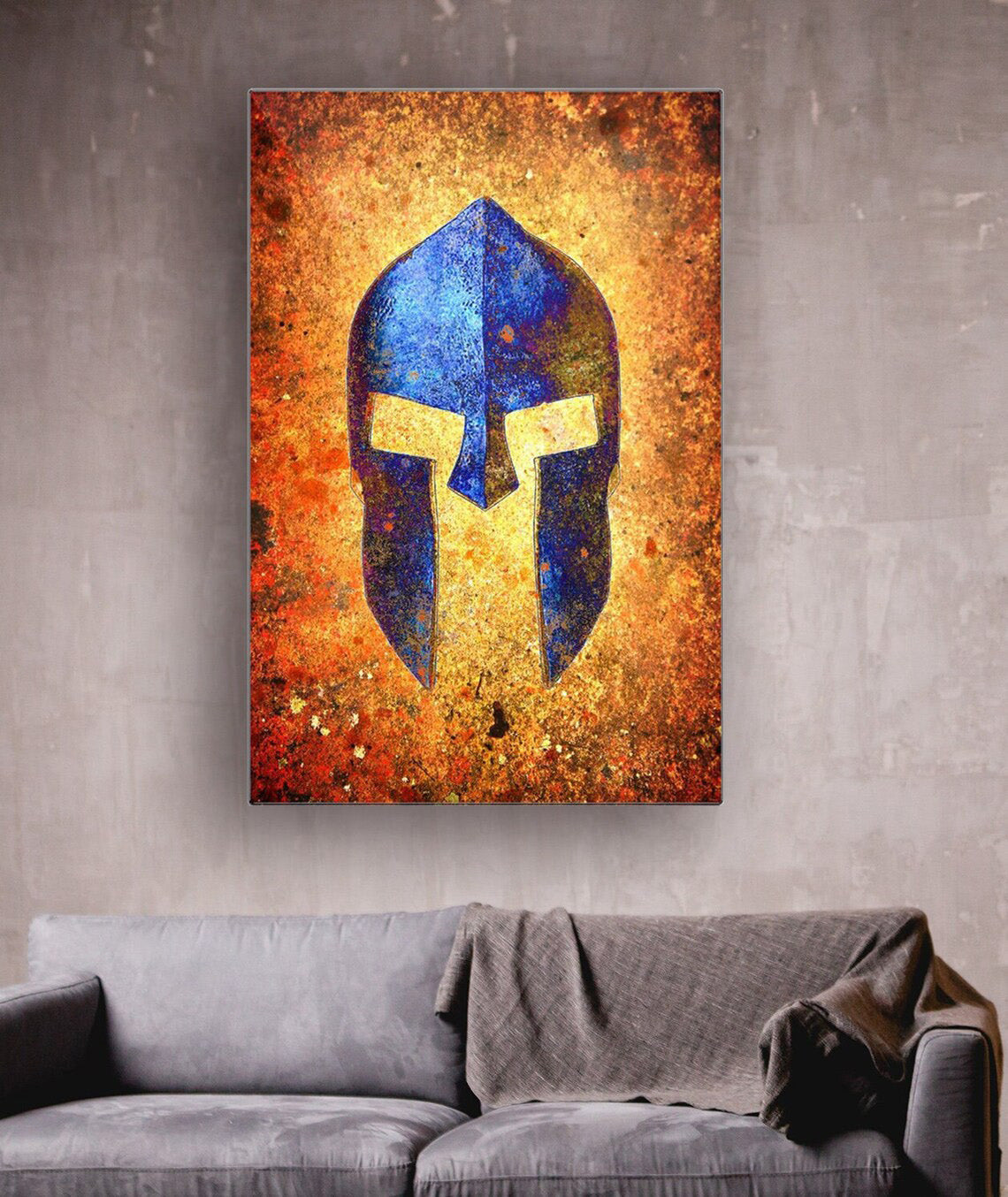 Warrior Themed Decor - Blue Spartan Helmet on Rusted Background Print on Eco Friendly Recycled Aluminum