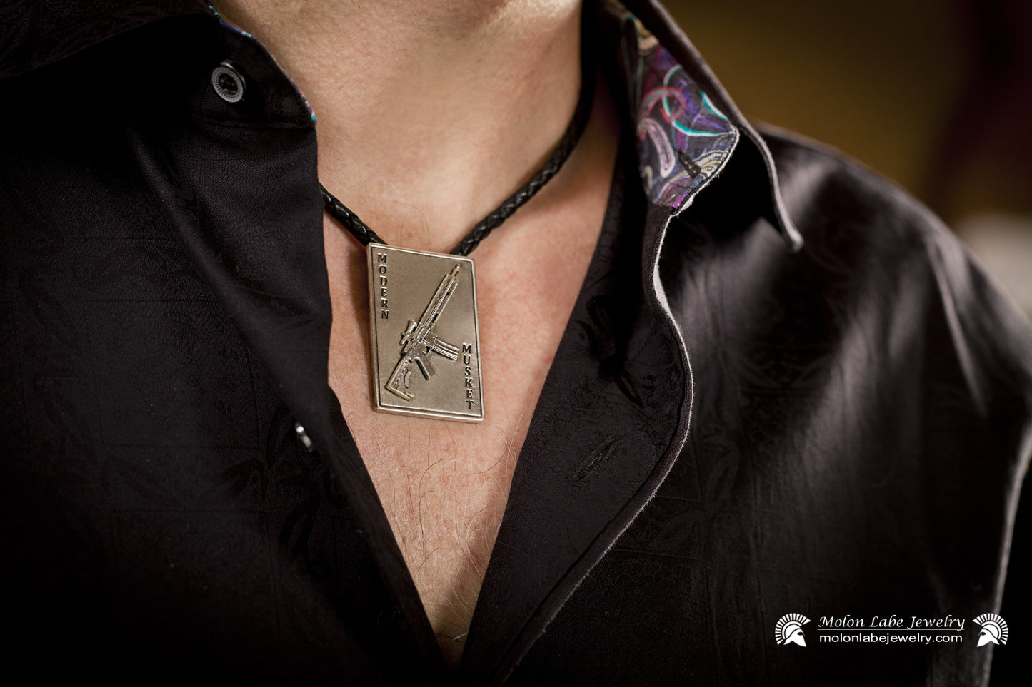 Unisex Sterling Silver AR-15 Riffle and 2nd Amendment Pendant with Leather Bolo Cord Necklace on male model