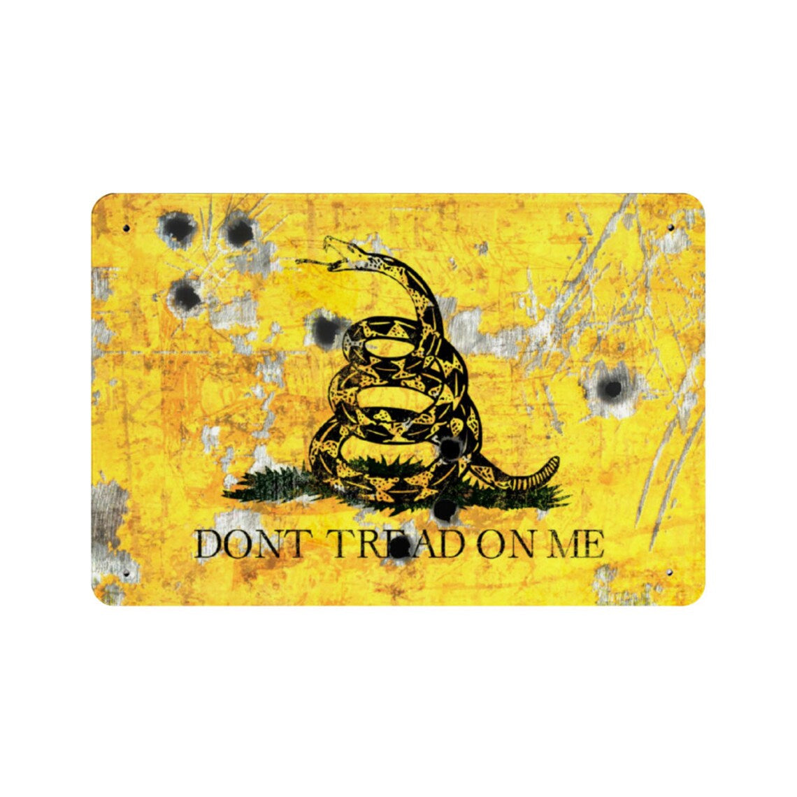 Gadsden Flag on Distressed Metal with Bullet Hole Don’t tread on Me Print on Metal