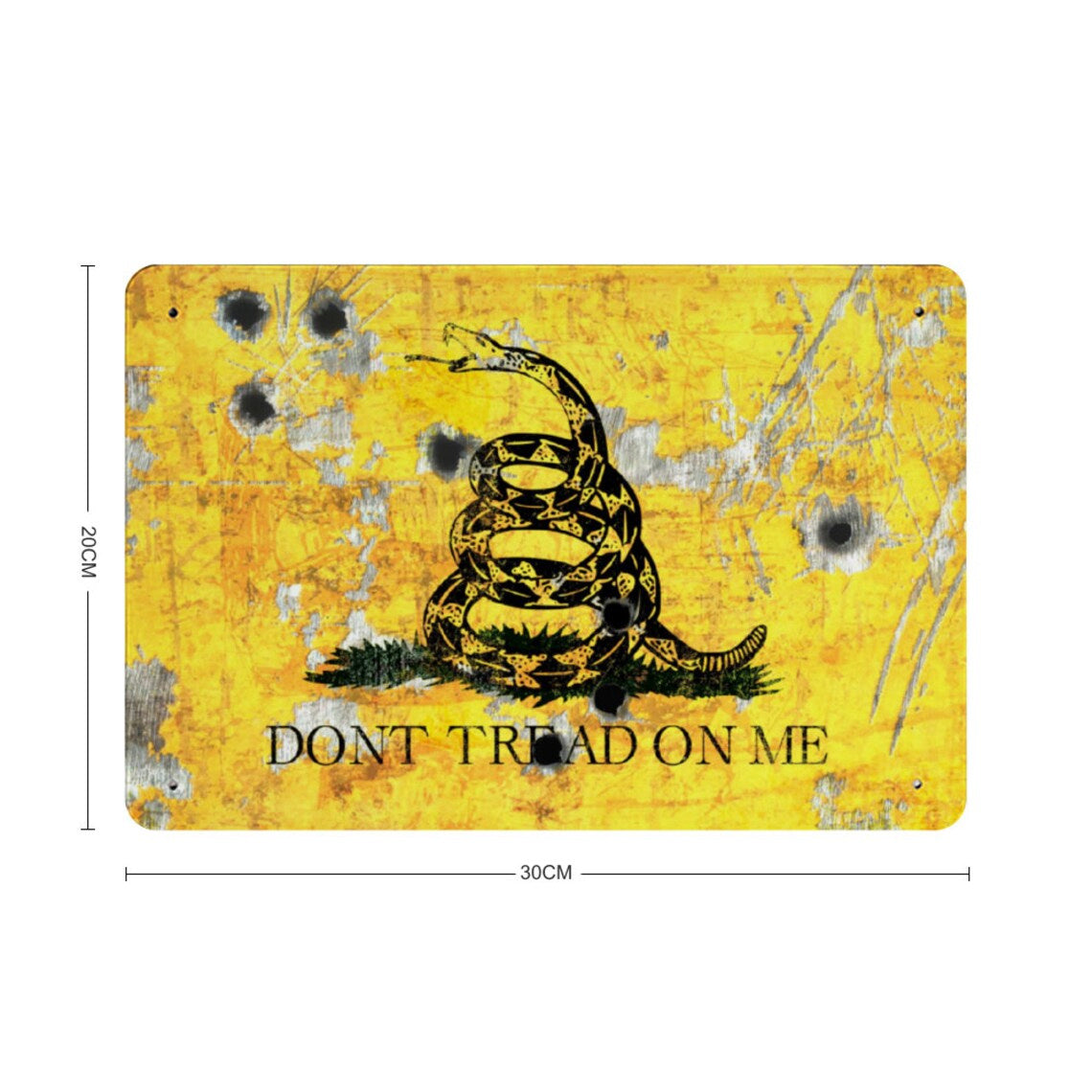 Gadsden Flag on Distressed Metal with Bullet Hole Don’t tread on Me Print on Metal dimensions