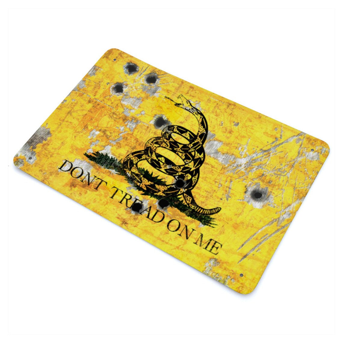 Gadsden Flag on Distressed Metal with Bullet Hole Don’t tread on Me Print on Metal sideway