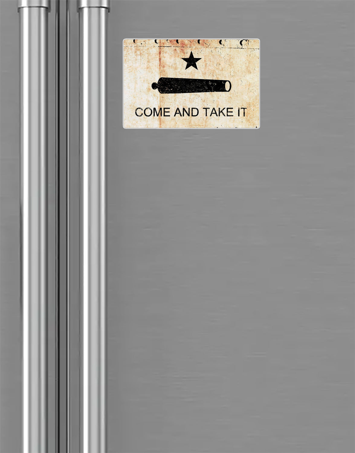 Come and Take it Fridge Magnet - Gonzales Battle Flag on Rusted Riveted Plate Print on 4x6 magnet on fridge