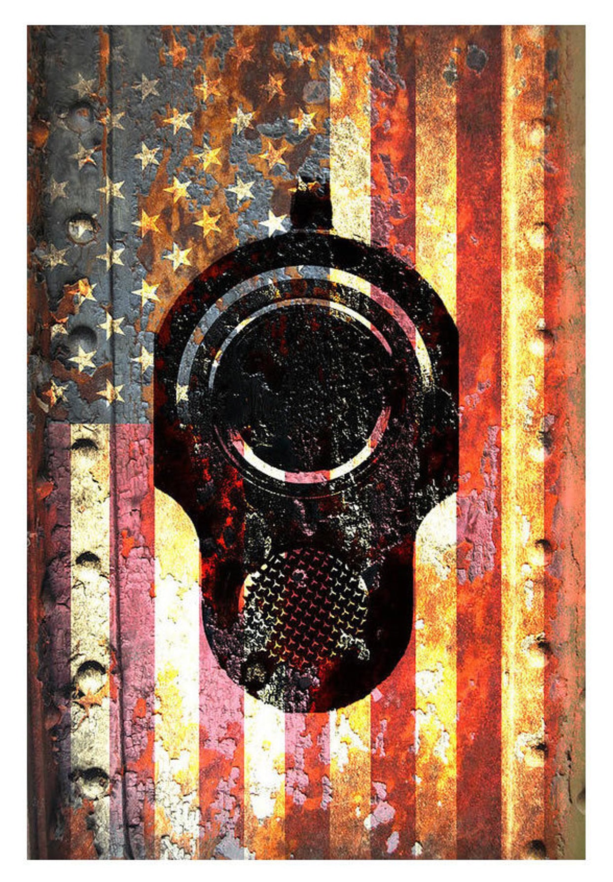 M1911 Colt Pistol 45 caliber Muzzle on Rusted American Flag Print Archival Paper