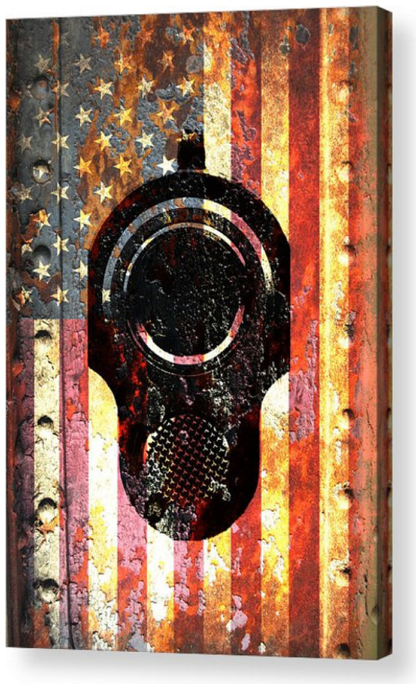 M1911 Colt Pistol 45 caliber Muzzle on Rusted American Flag Print on Stretched Canvas