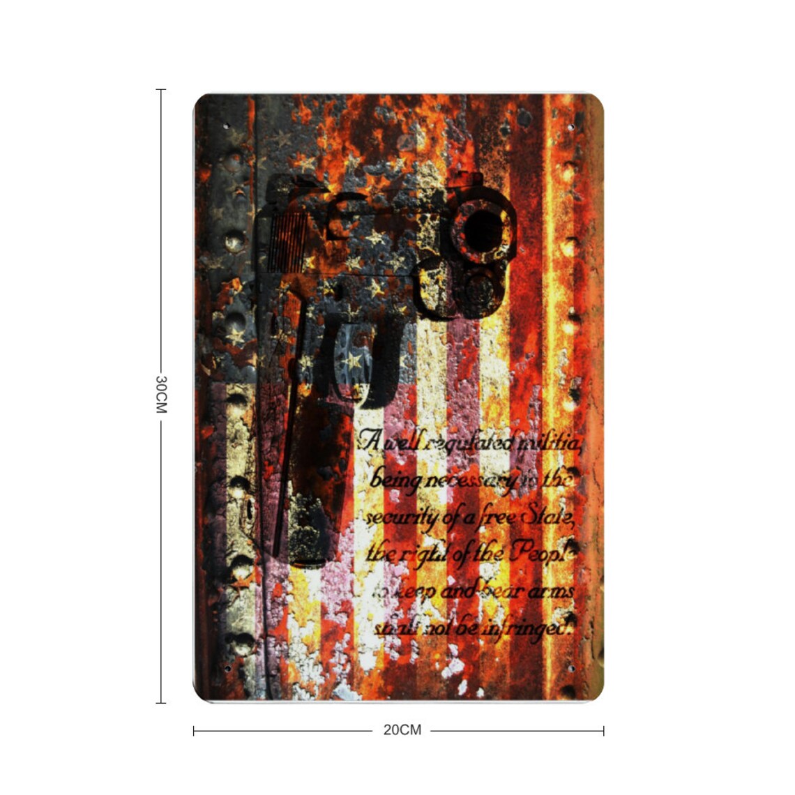 M1911 Pistol and 2nd Amendment on Rusted American Flag Print on Metal with dimensions